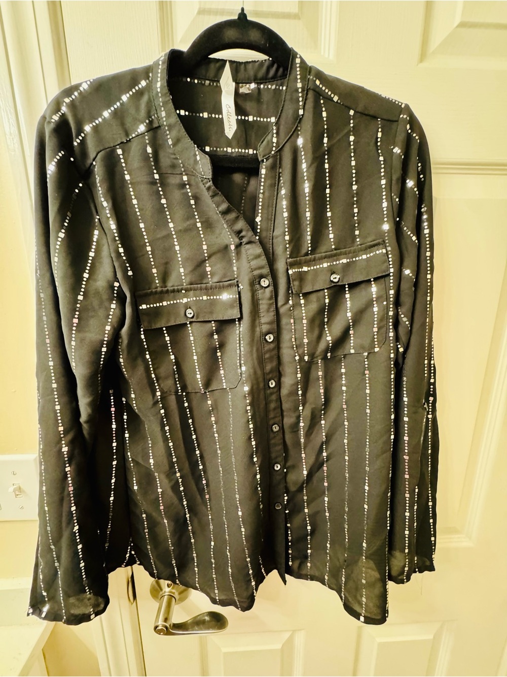 Macy's Black Long Sleeve Stud-Striped Blouse